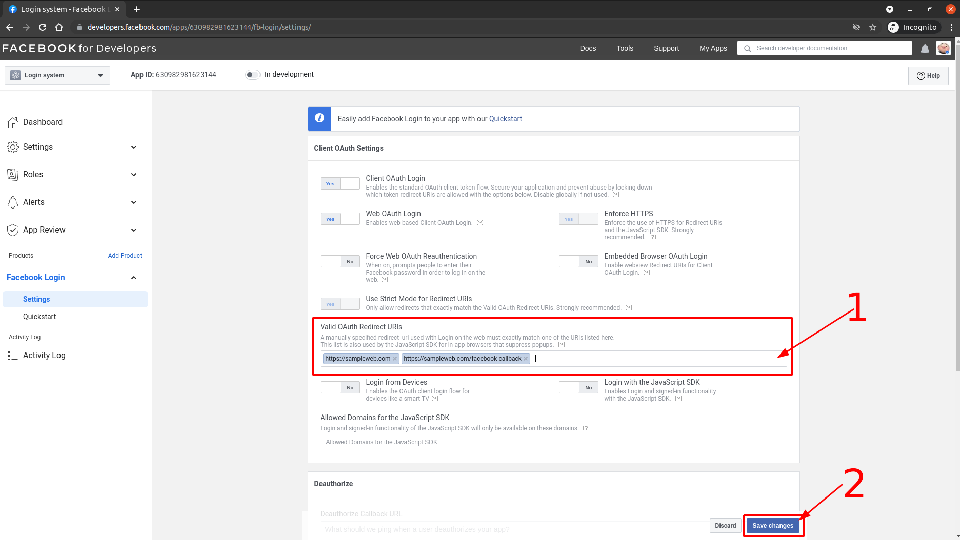 有効なOAuthリダイレクトURIを入力します